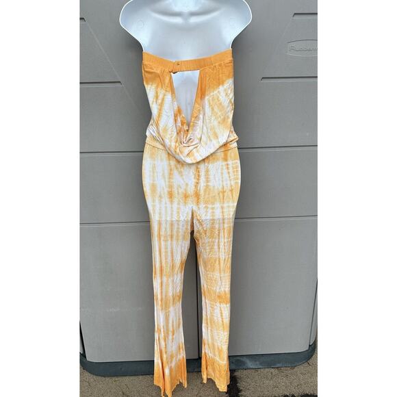NEW Chaser Yellow Tie Dye Draped Back Bell Bottom Strapless Jumpsuit Sz Med - Picture 6 of 11